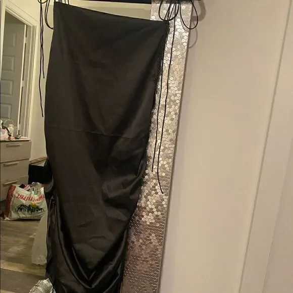 [boutique] drawstring black satin dress #2